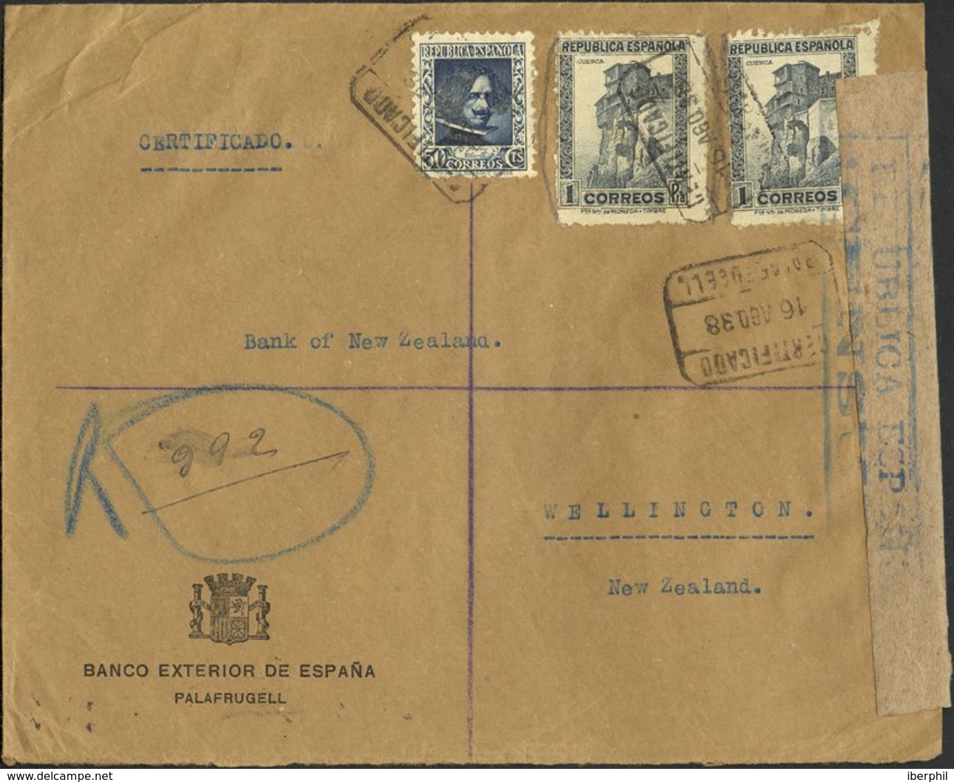 España. República Española Correo Certificado. Sobre 738, 770(2). 1938. 50 Cts. Y 1 Pts., Dos Sellos. PALAFRUGELL A WELL - Storia Postale