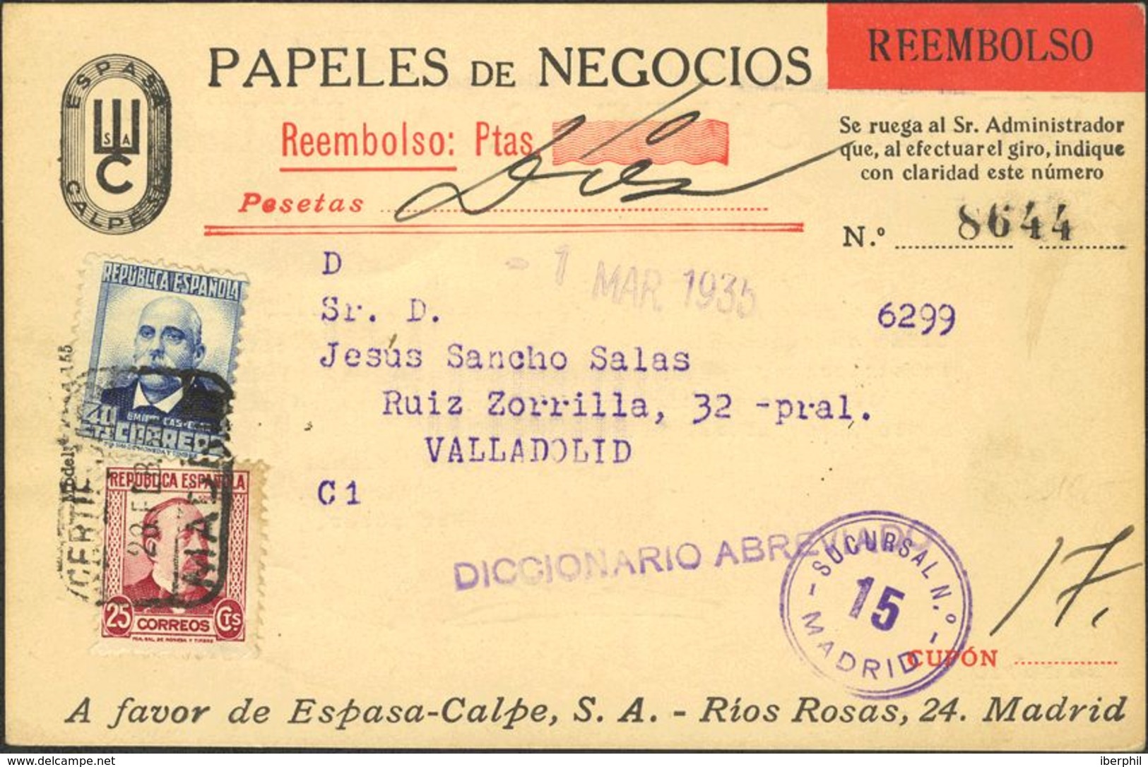 España. República Española Correo Certificado. República Española Correo Certificado - Briefe U. Dokumente