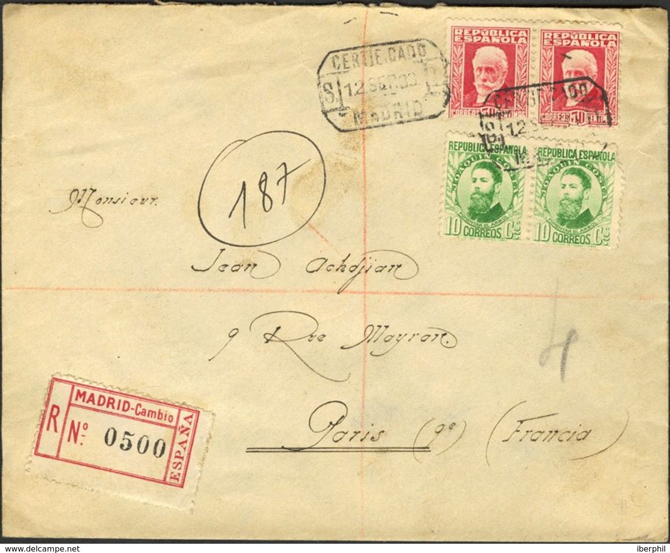 España. República Española Correo Certificado. República Española Correo Certificado - Storia Postale