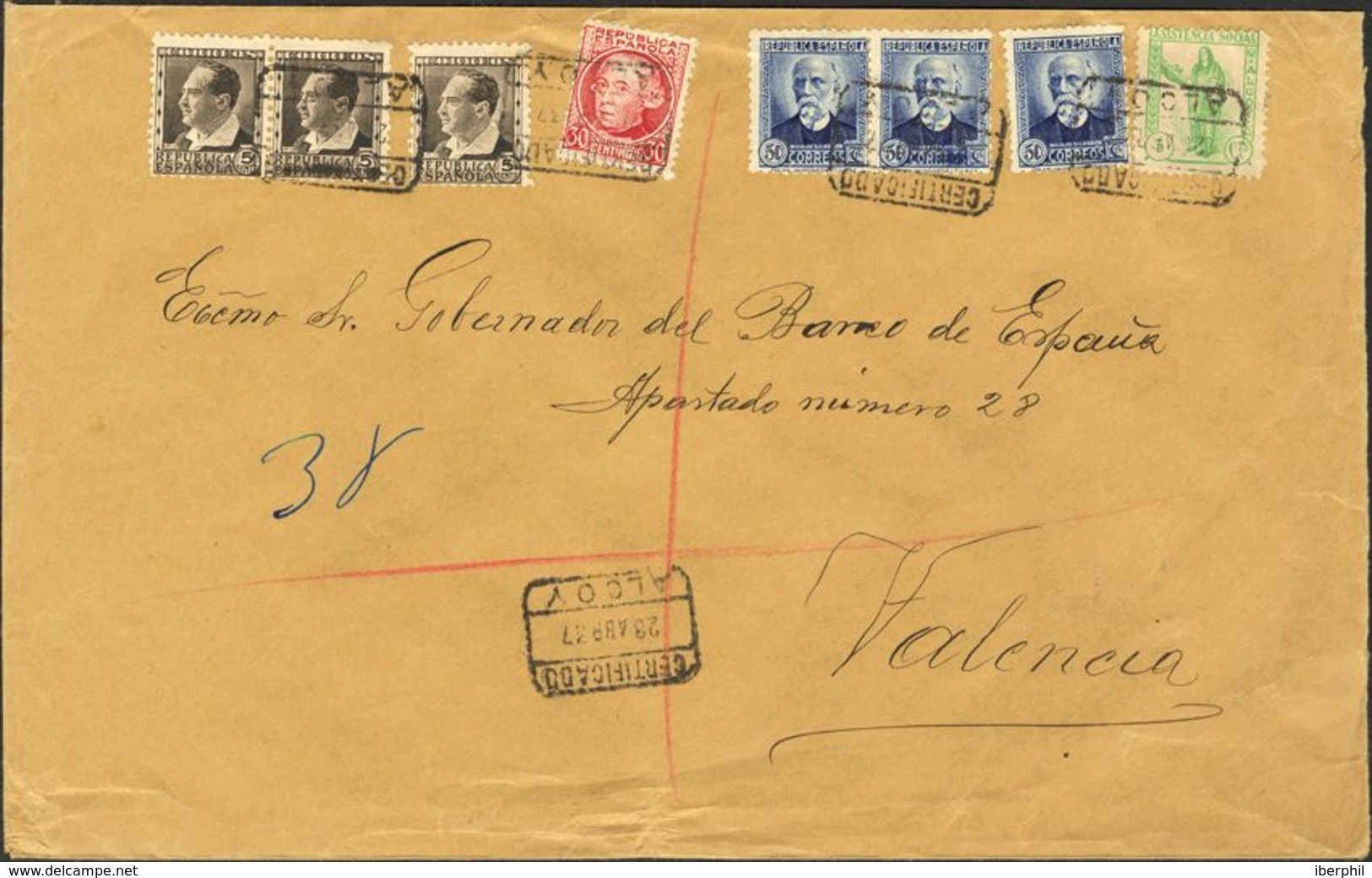 España. República Española Correo Certificado. Sobre 681(3), 687, 688(3). 1937. 5 Cts., Tres Sellos, 30 Cts., 50 Cts., T - Briefe U. Dokumente