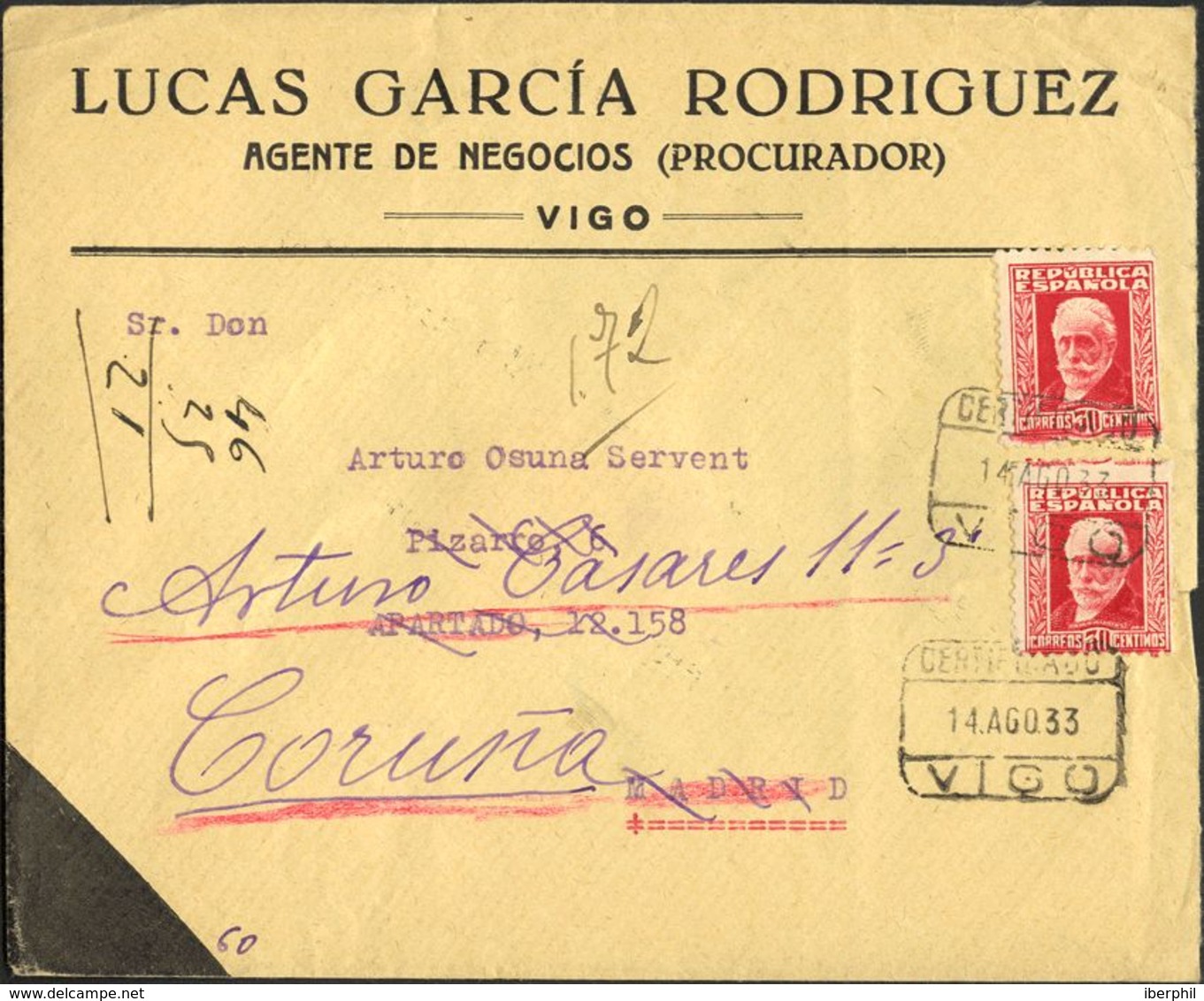 España. República Española Correo Certificado. República Española Correo Certificado - Storia Postale