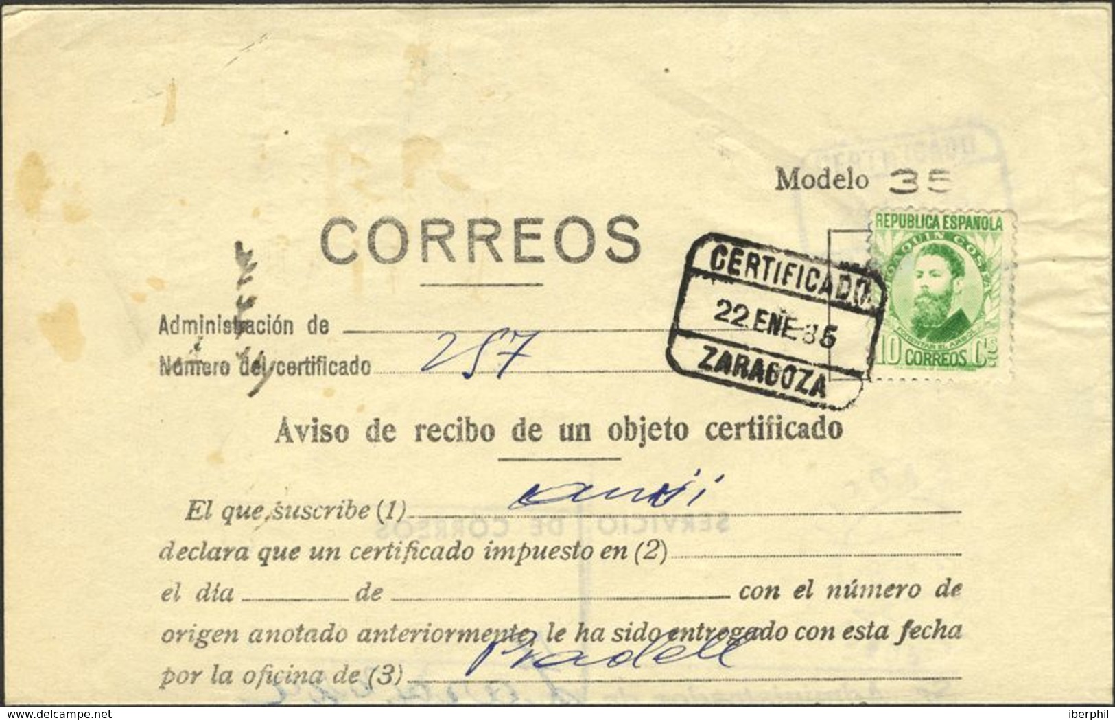 España. República Española Correo Certificado. República Española Correo Certificado. Carta Aviso. RARA. - Briefe U. Dokumente