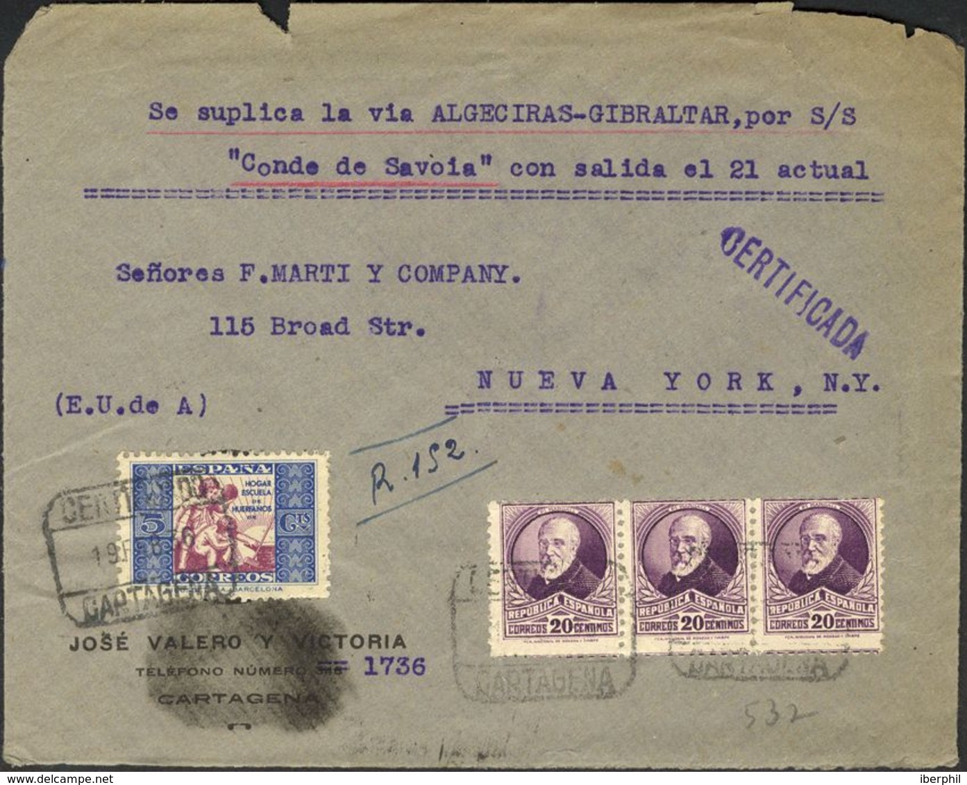 España. República Española Correo Certificado. República Española Correo Certificado. Al Dorso Llegada. - Lettres & Documents