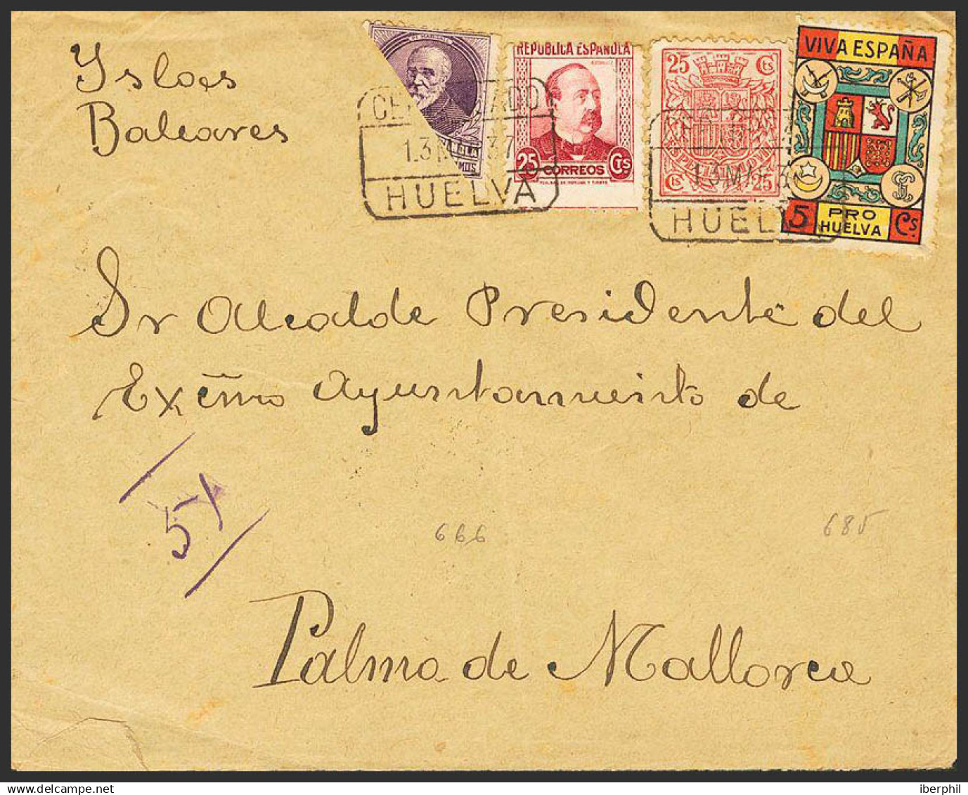 España. República Española Correo Certificado. República Española Correo Certificado. CERTIFICADO / HUELVA. Al Dorso Lle - Storia Postale