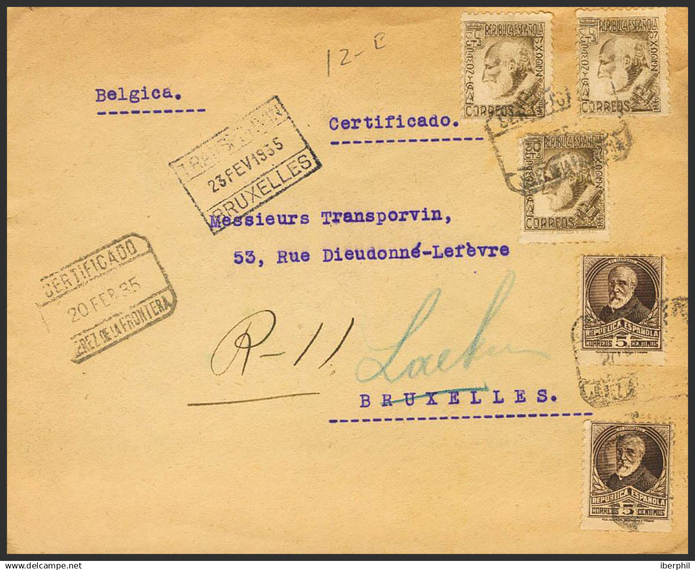 España. República Española Correo Certificado. Sobre 680(3), 663(2). 1935. 30 Cts Castaño, Tres Sellos Y 5 Cts Castaño, - Lettres & Documents