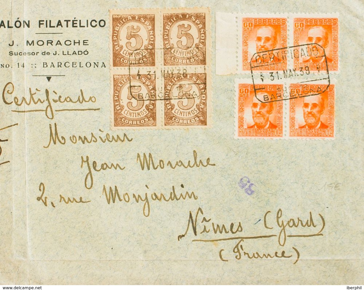 España. República Española Correo Certificado. Sobre 740(4), 745(4). 1939. 60 Cts Naranja, Cuatro Sellos Y 5 Cts Castaño - Lettres & Documents