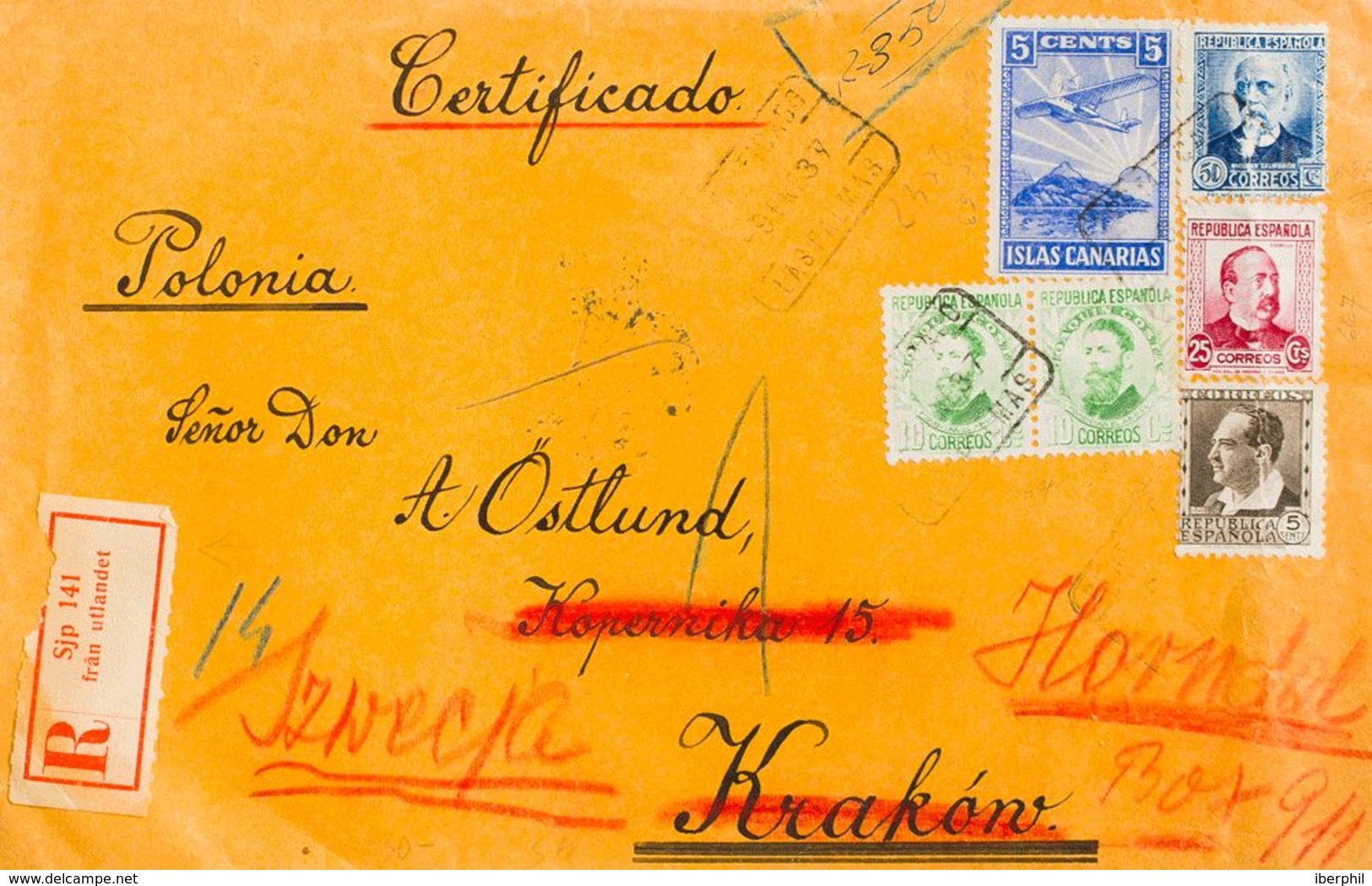 España. República Española Correo Certificado. Sobre 664(2), 681, 685, 688. 1937. 10 Cts Verde, Pareja, Diversos Valores - Lettres & Documents