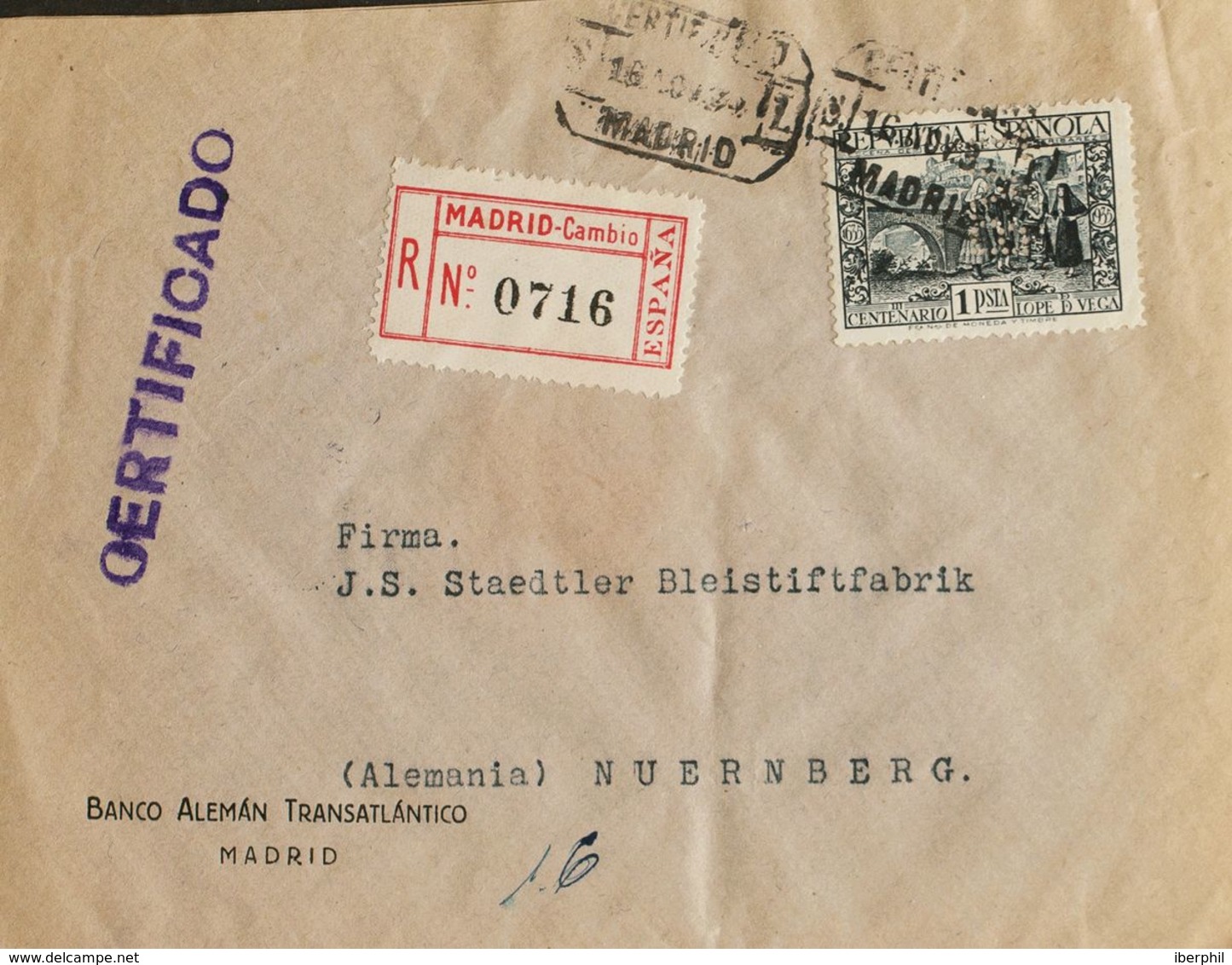 España. República Española Correo Certificado. Sobre 693. 1935. 1 Pts Pizarra. Certificado De MADRID A NUREMBERG (ALEMAN - Lettres & Documents