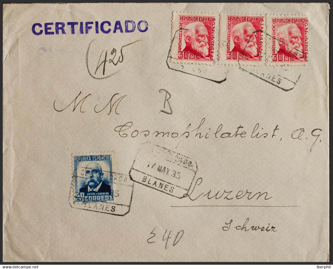 España. República Española Correo Certificado. Sobre 670, 686(3). 1935. 40 Cts Azul Y 30 Cts Carmín, Tres Sellos. Certif - Storia Postale