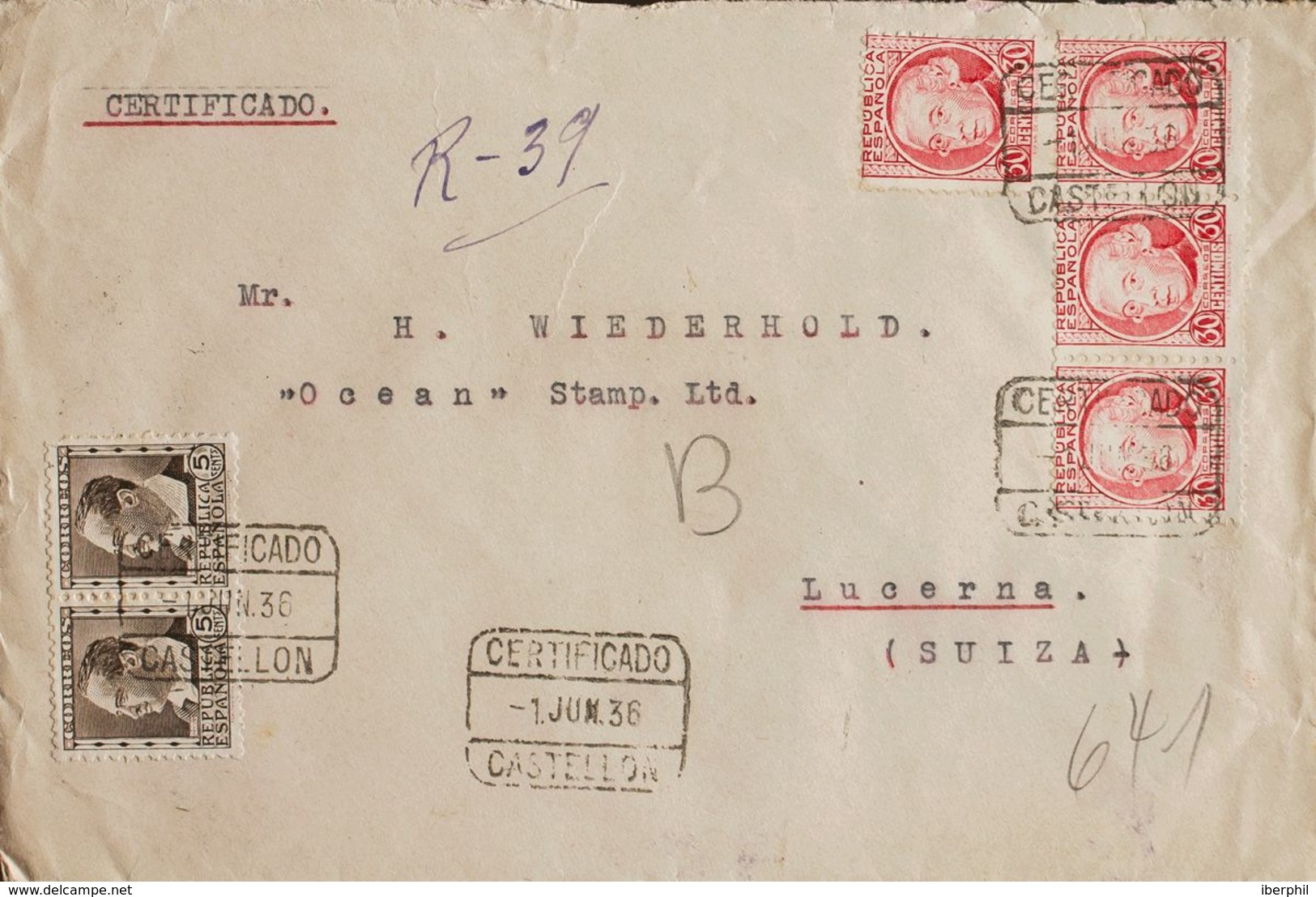 España. República Española Correo Certificado. Sobre 681(2), 687(4). 1936. 5 Cts Castaño, Dos Sellos Y 30 Cts Carmín, Cu - Lettres & Documents