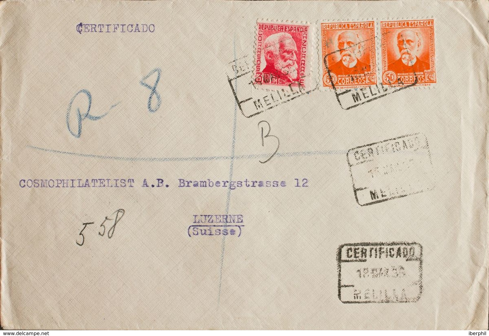 España. República Española Correo Certificado. Sobre 686, 671(2). 1935. 30 Cts Rosa Y 50 Cts Naranja, Dos Sellos. Certif - Covers & Documents