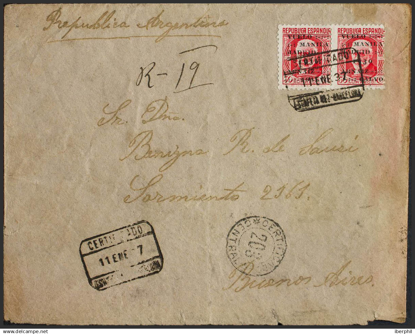 España. República Española Correo Certificado. Sobre 741(2). 1937. 30 Cts Rojo, Dos Sellos. Certificado De BARCELONA A B - Storia Postale