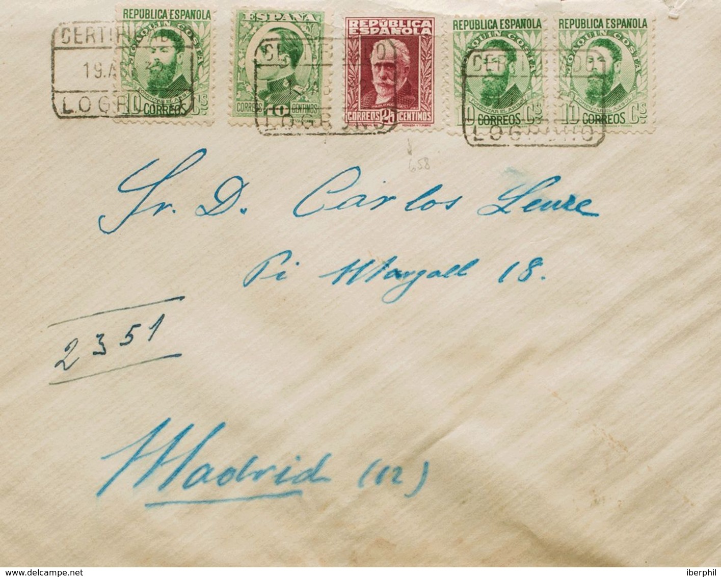 España. República Española Correo Certificado. Sobre 664(3), 667, 492. 1932. 10 Cts Verde, Tres Sellos, 25 Cts Carmín Y - Covers & Documents