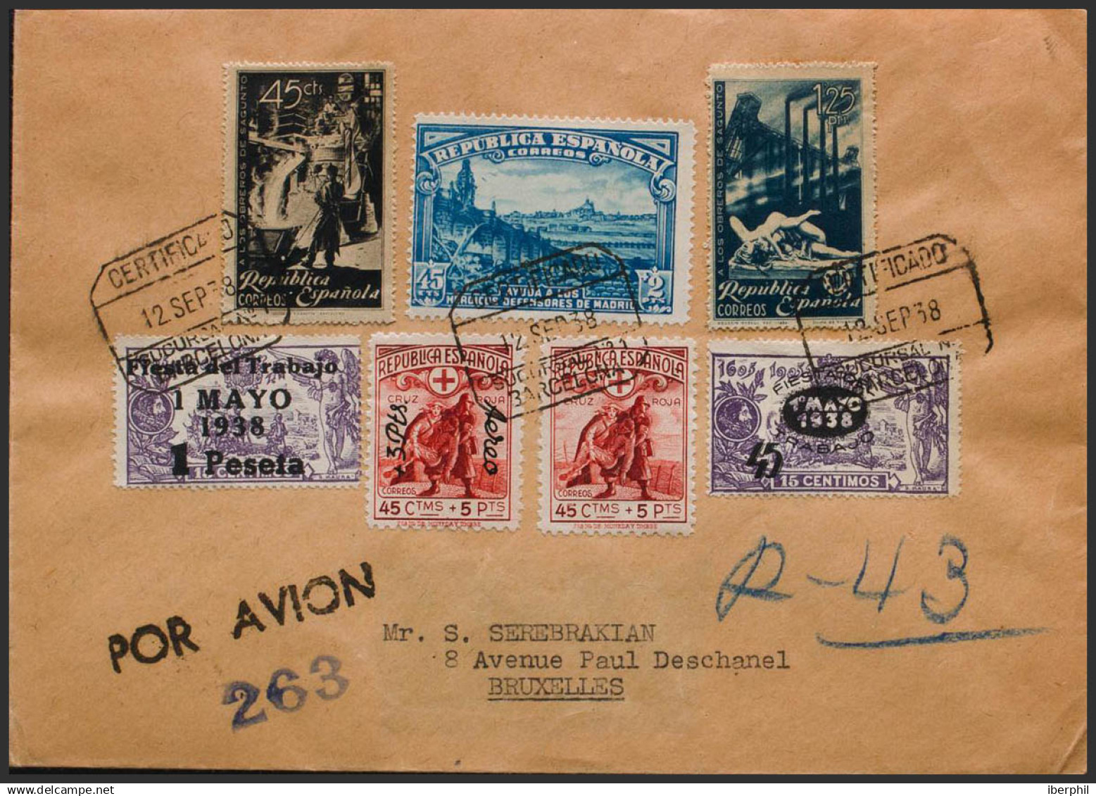 España. República Española Correo Certificado. Sobre 757, 761/62, 767/68, 773/74. 1938. Diversos Valores. BARCELONA A BR - Lettres & Documents