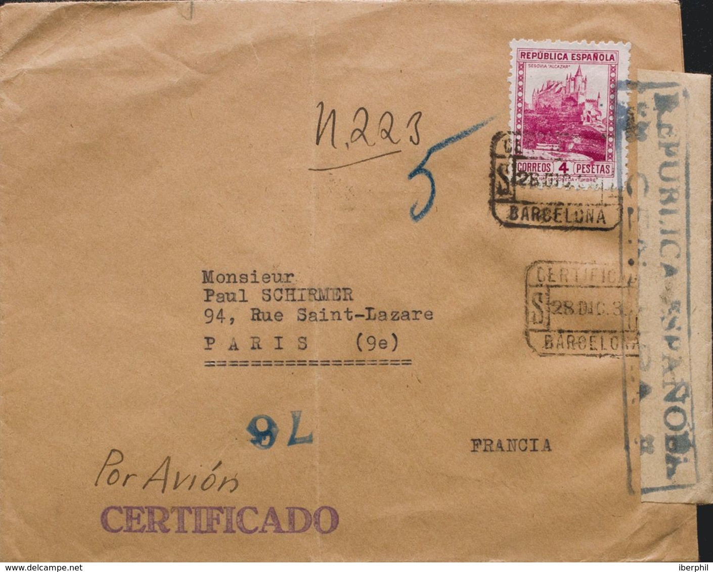 España. República Española Correo Certificado. Sobre 771. 1938. 4 Pts Lila Rosa. BARCELONA A FRANCIA. Al Dorso Llegada. - Storia Postale