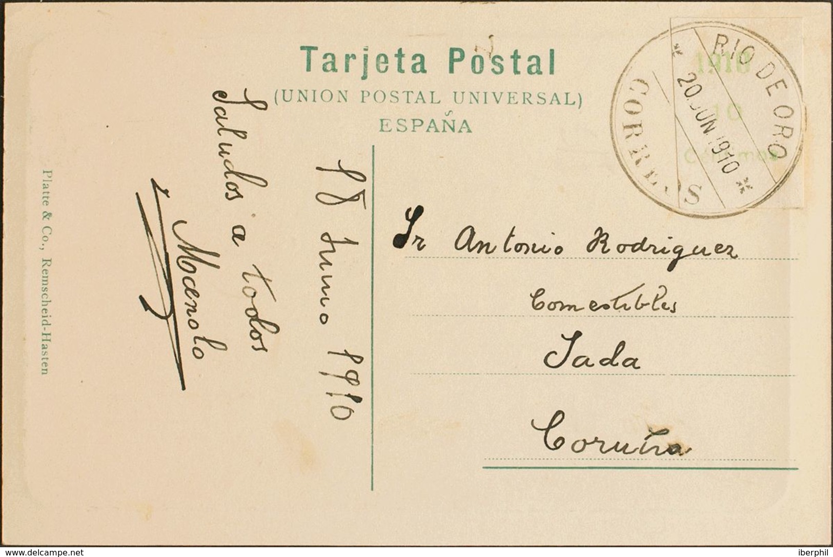 España. Río De Oro. Sobre 56MP. 1910. 10 Cts Verde Sobre Borde De Hoja. Tarjeta Postal De RIO DE ORO A LA CORUÑA. Matase - Rio De Oro