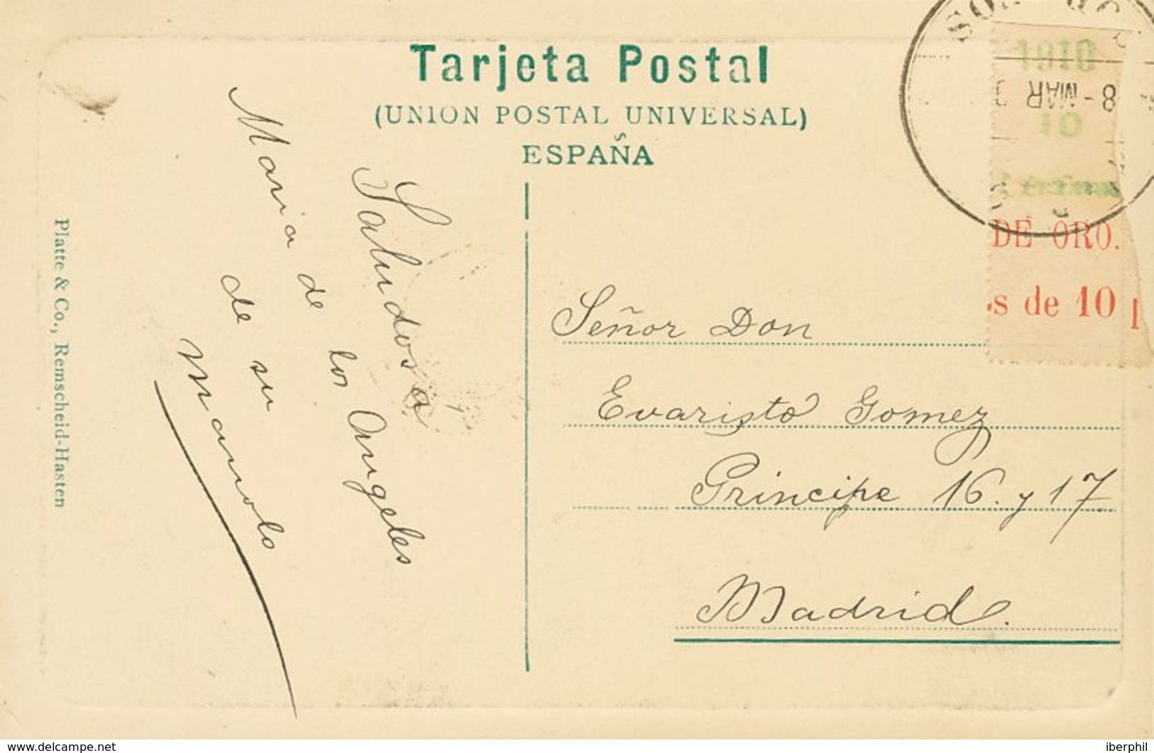 España. Río De Oro. Sobre 56MP. 1910. 10 Cts Verde Sobre Borde De Hoja. Tarjeta Postal De RIO DE ORO A MADRID. Matasello - Rio De Oro