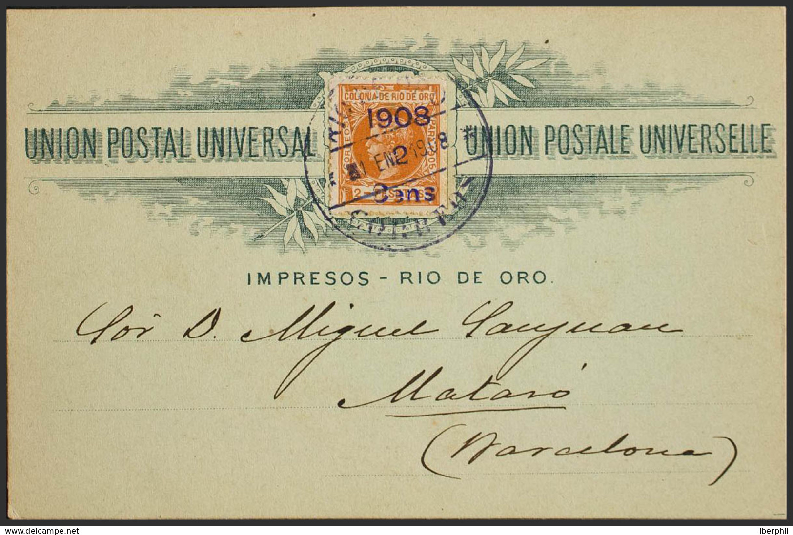 España. Río De Oro. Sobre 34. 1908. 2 Cts Sobre 2 Pts Naranja. Tarjeta Postal De La SOCIEDAD FILATELICA CATALANA De RIO - Rio De Oro