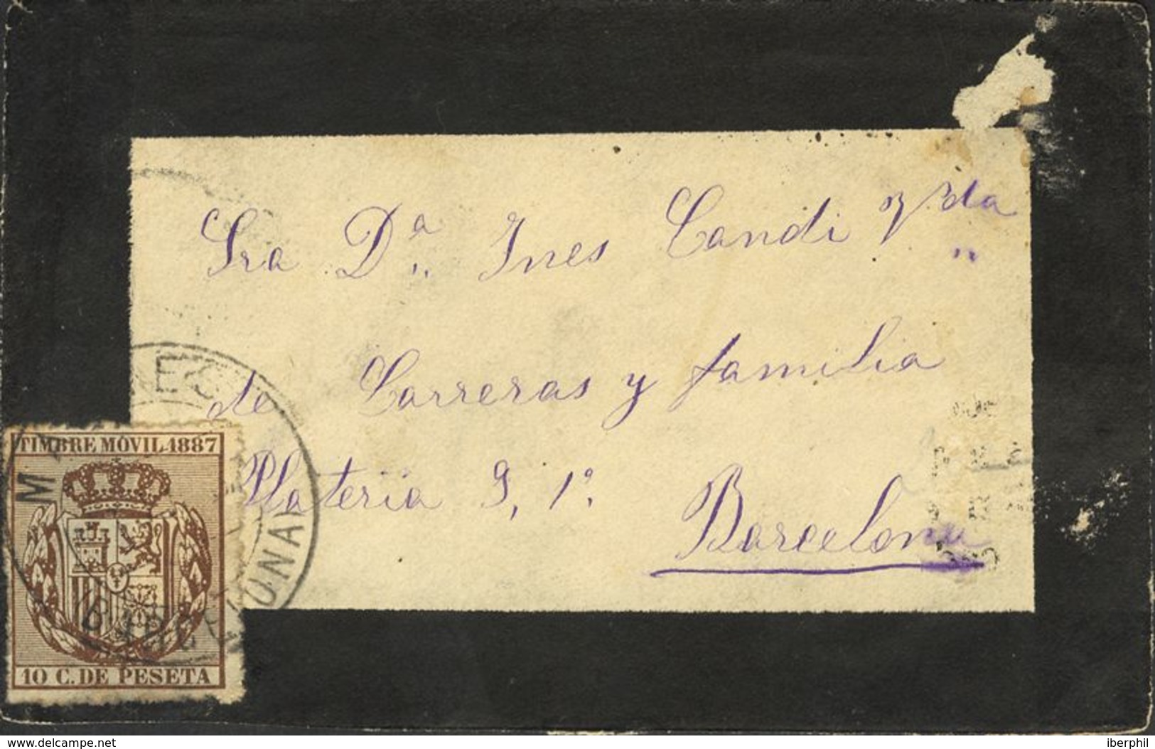 España. Fiscal. Sobre Fis 7. 1887. 10 Cts MOVIL. Frontal De MANRESA A BARCELONA. MAGNIFICO Y RARO. - Revenue Stamps