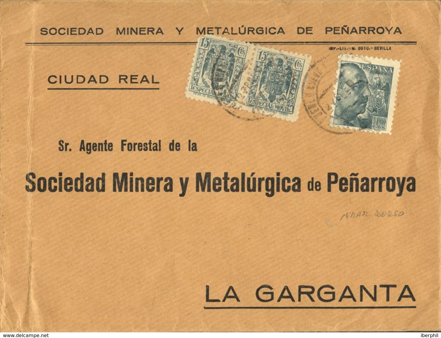 España. Fiscal. Sobre 870, Fis 103(2). 1939. 15 Cts Verde, Pareja MOVIL Y 40 Cts Verde. CORDOBA A LA GARGANTA. Al Dorso - Revenue Stamps