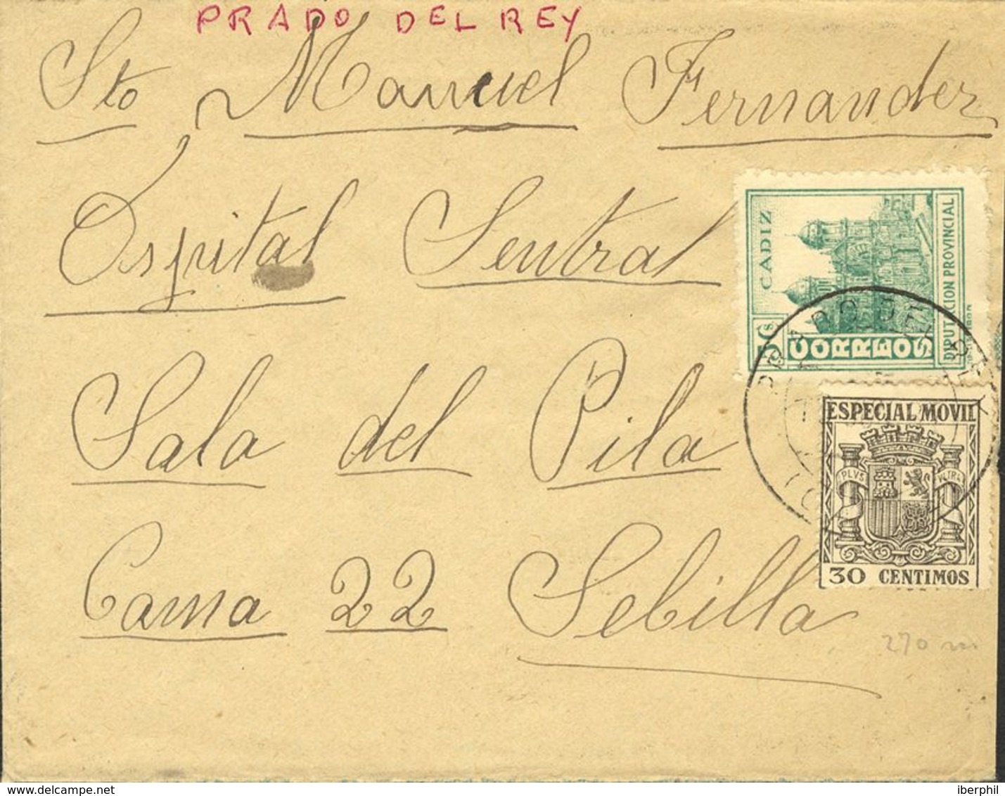 España. Fiscal. Sobre Fis 54. 1936. 30 Cts Negro MOVIL. PRADO DEL REY A SEVILLA. Al Dorso Censura. MAGNIFICA. - Fiscales