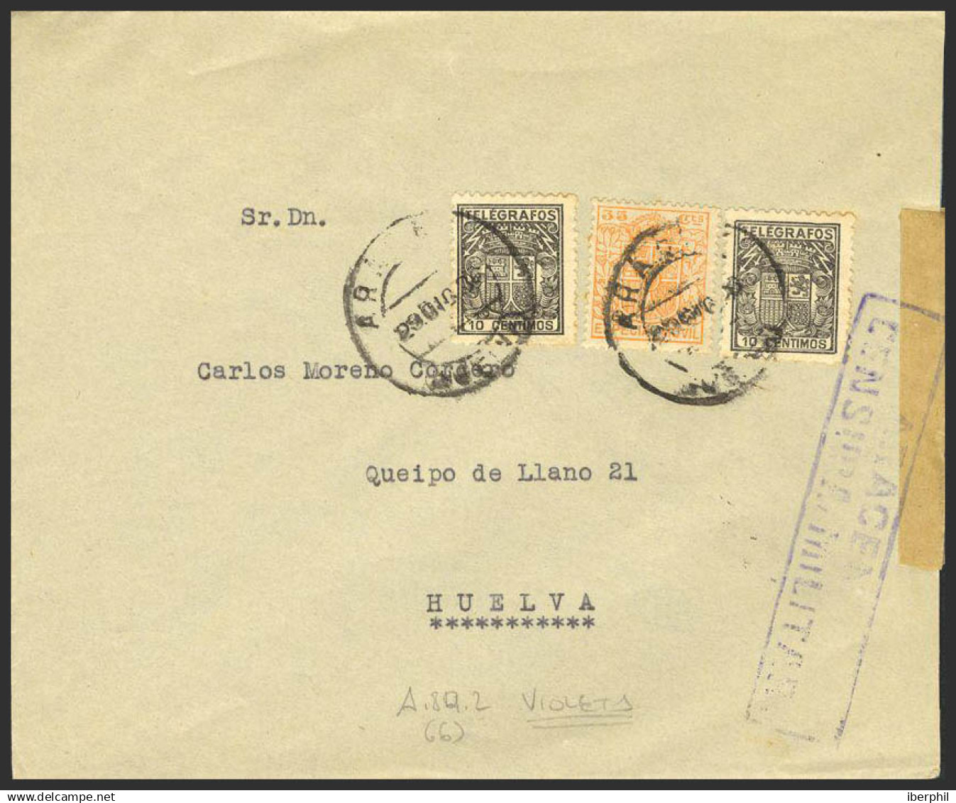 España. Fiscal. Sobre . 1938. 35 Cts Naranja MOVIL. ARACENA A HUELVA. MAGNIFICA Y NO CATALOGADO. - Revenue Stamps