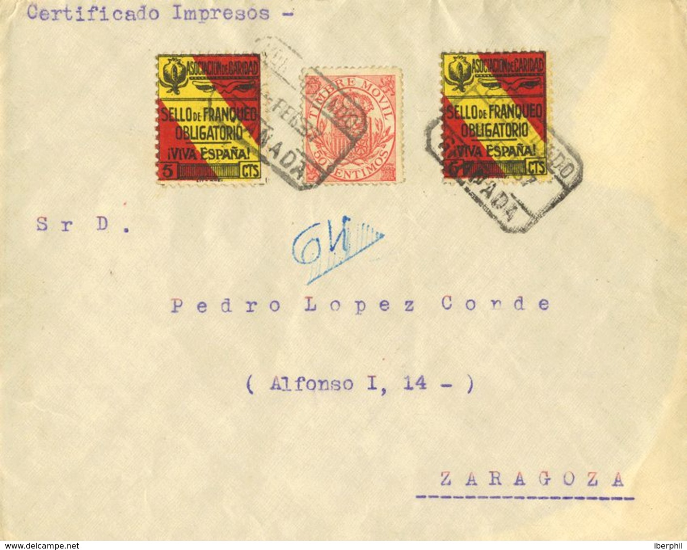 España. Fiscal. Sobre . 1937. 50 Cts Rojo MOVIL. Certificado De GRANADA A ZARAGOZA. Al Dorso Llegada. MAGNIFICA. - Fiscales