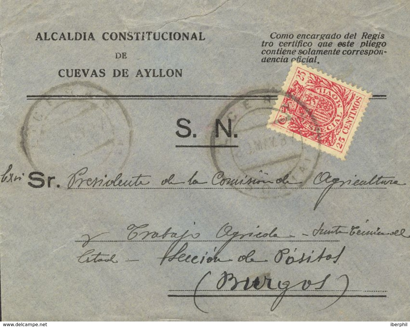 España. Fiscal. Sobre 68. 1937. 25 Cts Carmín MOVIL. LICERAS A BURGOS. MAGNIFICA. - Fiscales
