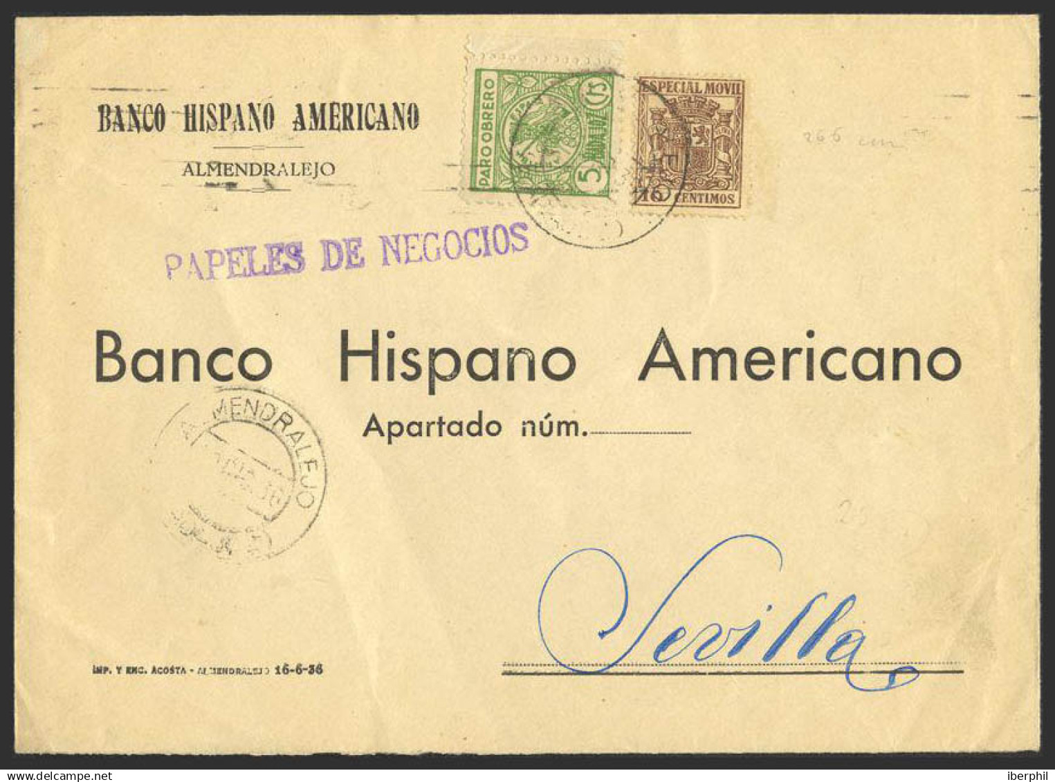 España. Fiscal. Sobre 50. 1936. 10 Cts MOVIL Y 5 Cts Sello Local BADAJOZ. ALMENDRALEJO A SEVILLA. Al Dorso Llegada. MAGN - Fiscales