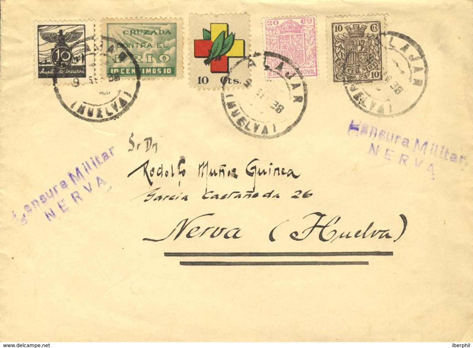 España. Fiscal. Sobre Fis 29, 32. 1938. 10 Cts Y 20 Cts MOVILES Y 10 Cts, Tres Sellos Benéficos. ALAJAR A NERVA. MAGNIFI - Fiscales