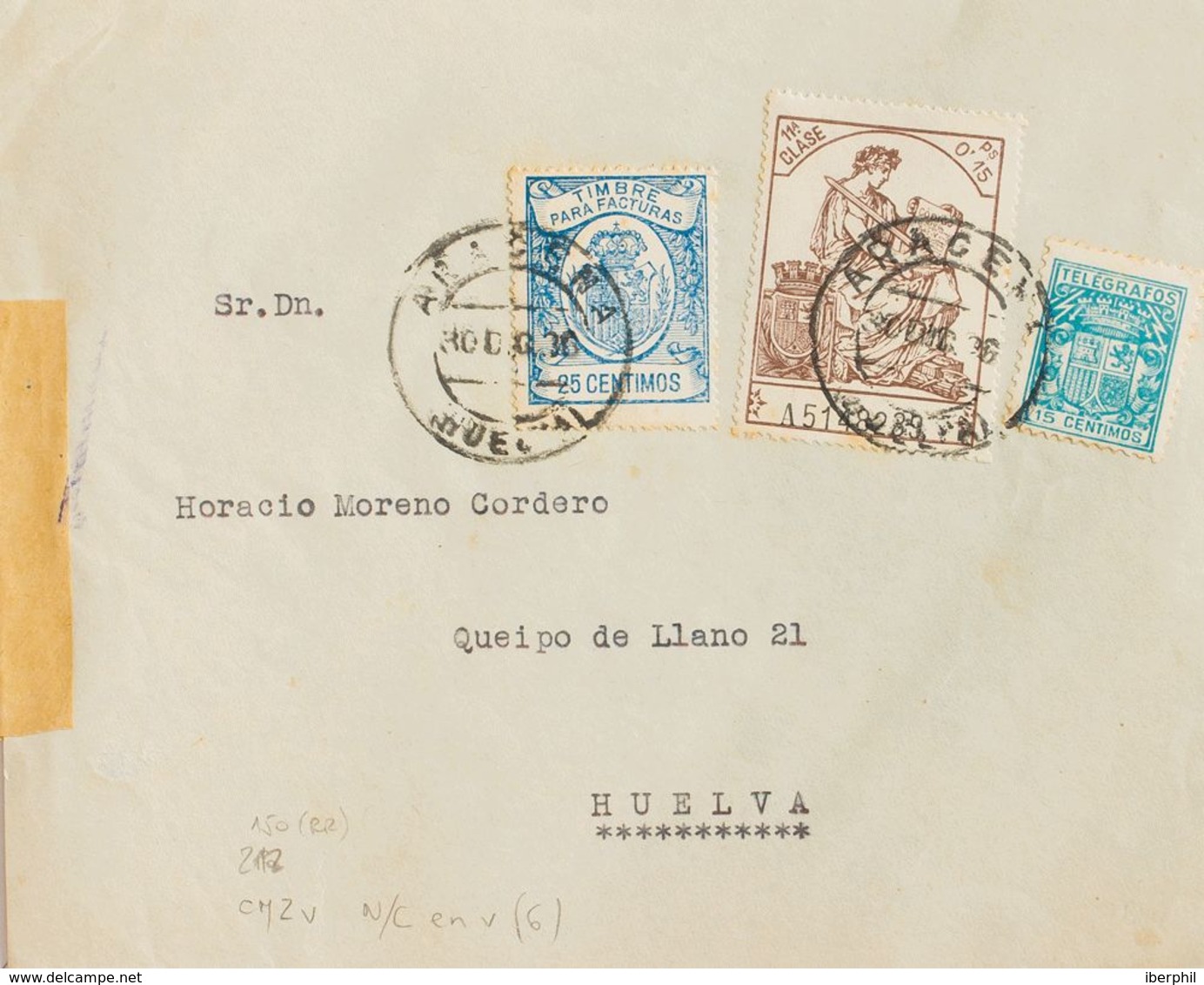 España. Fiscal. Sobre 3. 1936. 25 Cts Azul, 15 Cts Castaño Y 15 Cts Azul De Telégrafos. ARACENA A HUELVA. MAGNIFICA Y RA - Fiscales