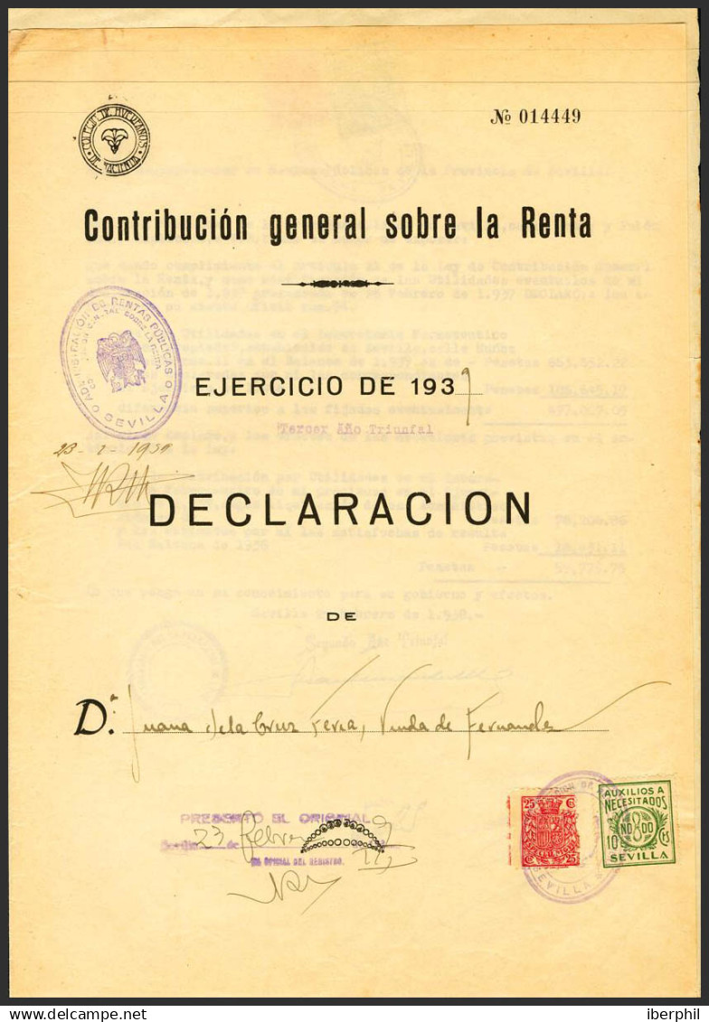 España. Fiscal. Sobre 91. 1939. 25 Cts Carmín Y 10 Cts Verde Benéfico De Sevilla. Declaración De La Renta De 1939. Matas - Fiscales