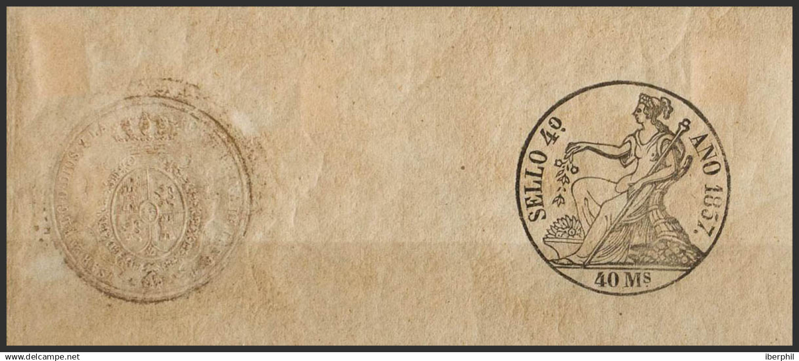 España. Fiscal. MH *. 1857. POLIZAS De 1857. 40 Ms Negro, Completo Con Sello En Seco. MAGNIFICO Y MUY RARO. (Alemany 5) - Fiscales