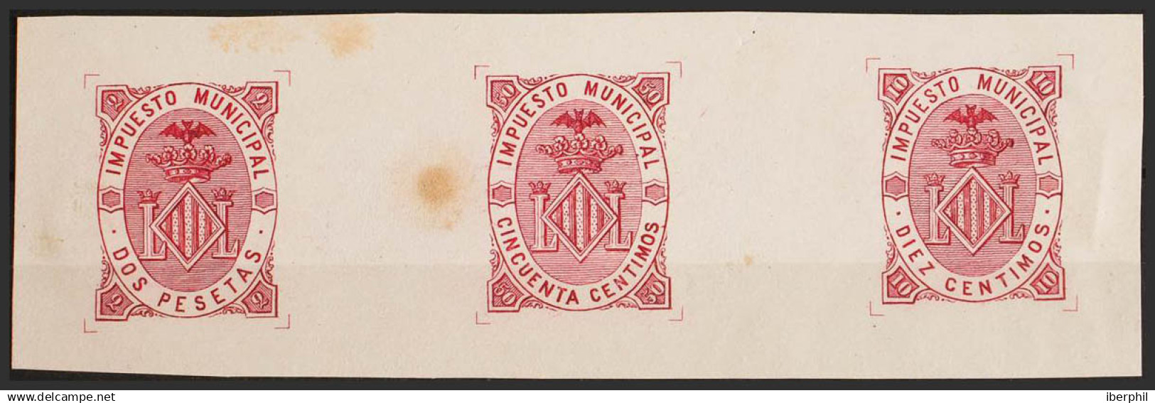 España. Fiscal. (*). 1882. VALENCIA De 1882. IMPUESTO MUNICIPAL. 10 Cts Carmín, 50 Cts Carmín Y 2 Pts Carmín (manchitas - Fiscales