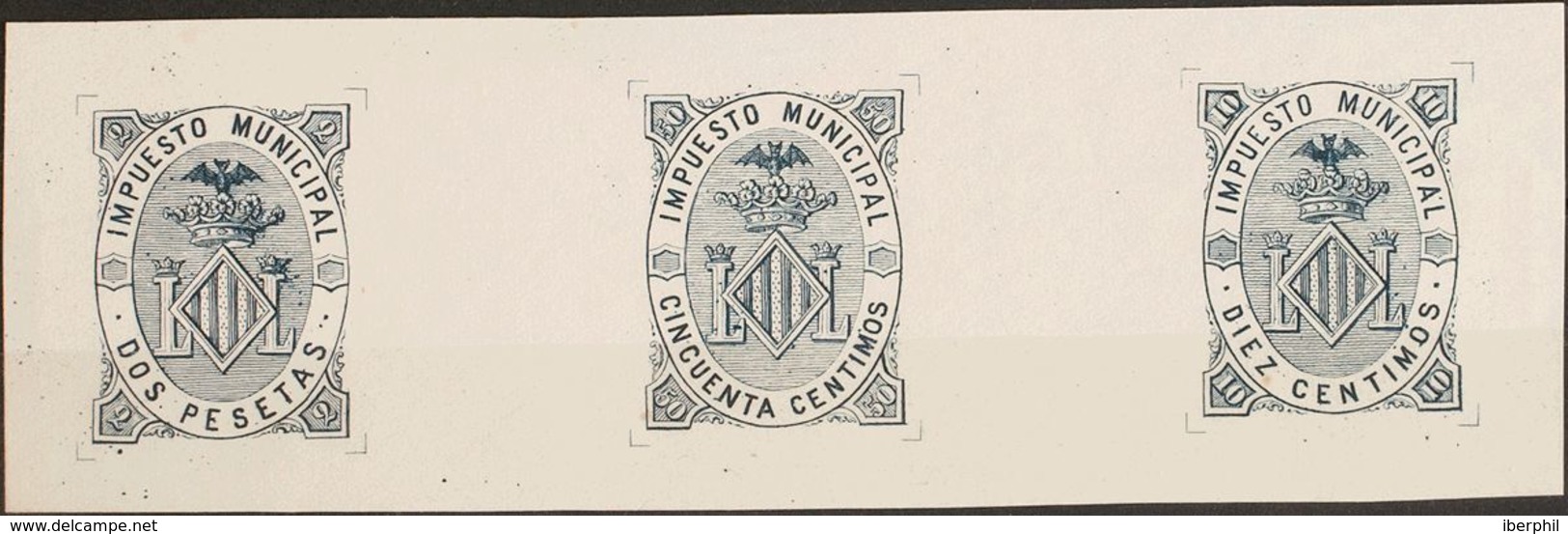 España. Fiscal. (*). 1882. VALENCIA De 1882. IMPUESTO MUNICIPAL. 10 Cts Azul, 50 Cts Azul Y 2 Pts Azul, Sobre PRUEBA DE - Fiscali