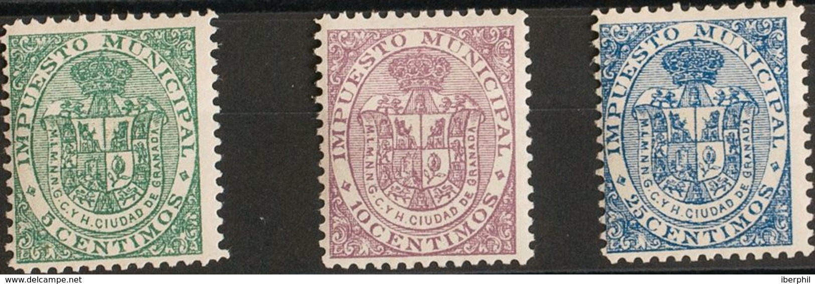 España. Fiscal. MH *. 1910. GRANADA De 1910. IMPUESTO MUNICIPAL. Serie Completa, Tres Valores. MAGNIFICA Y MUY RARA. (Fo - Fiscales