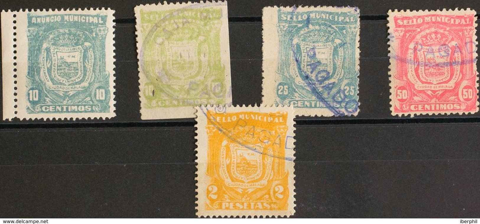 España. Fiscal. º. 1906. MALAGA De 1906. 10 Cts Verde Azul, 10 Cts Verde Claro, 25 Cts Azul, 50 Cts Rosa Y 2 Pts Naranja - Fiscali