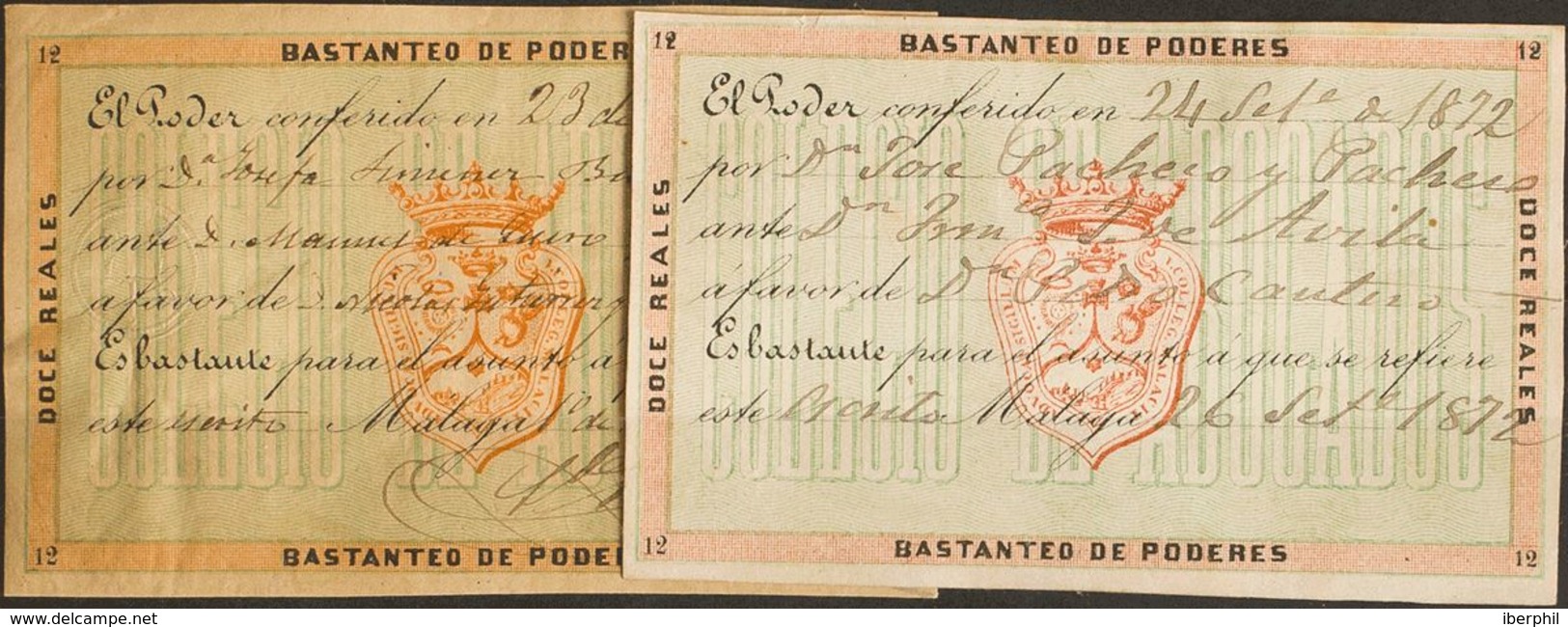 España. Fiscal. º. 1864. MALAGA. NOTARIA De 1864. 12 Reales Naranja Y Verde Y 12 Reales Rosa Y Verde. Etiquetas De BASTA - Fiscales