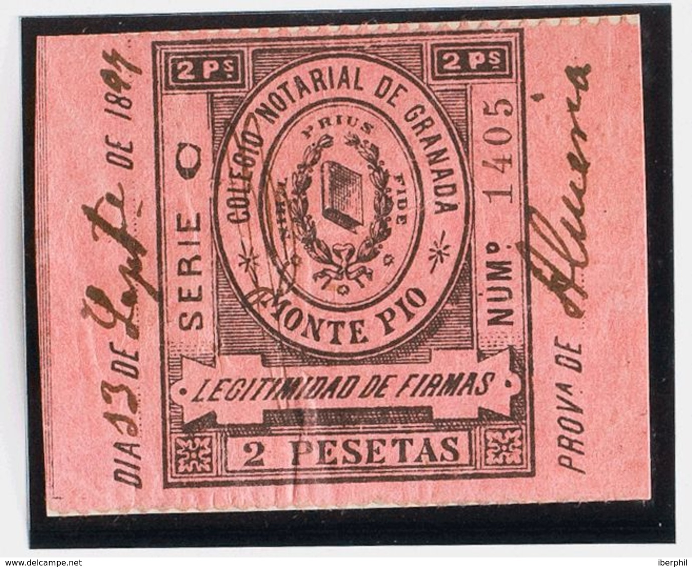 España. Fiscal. º. 1897. GRANADA. NOTARIAS De 1897. 2 Pts Negro Sobre Rosa. LEGITIMIDAD DE FIRMAS. MAGNIFICO Y RARO. (Fu - Revenue Stamps