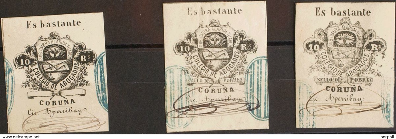 España. Fiscal. º. 1859. LA CORUÑA. COLEGIO DE ABOGADOS De 1859. 10 Reales Negro Y Dos Fiscales Del 10 Reales Negro POBR - Fiscales