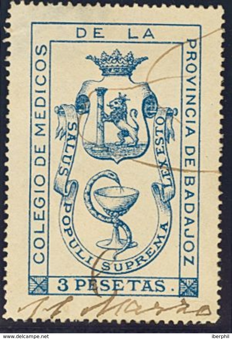 España. Fiscal. º. (1890ca). BADAJOZ. COLEGIO DE MEDICOS De (1890ca). 3 Pts Azul. MAGNIFICO Y RARO. - Fiscale Zegels