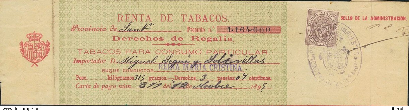 España. Fiscal. º. 1895. IMPUESTO DEL TABACO De 1895. Timbre Móvil De 10 Cts Violeta Sobre Banda Completa De TABACOS PAR - Fiscales