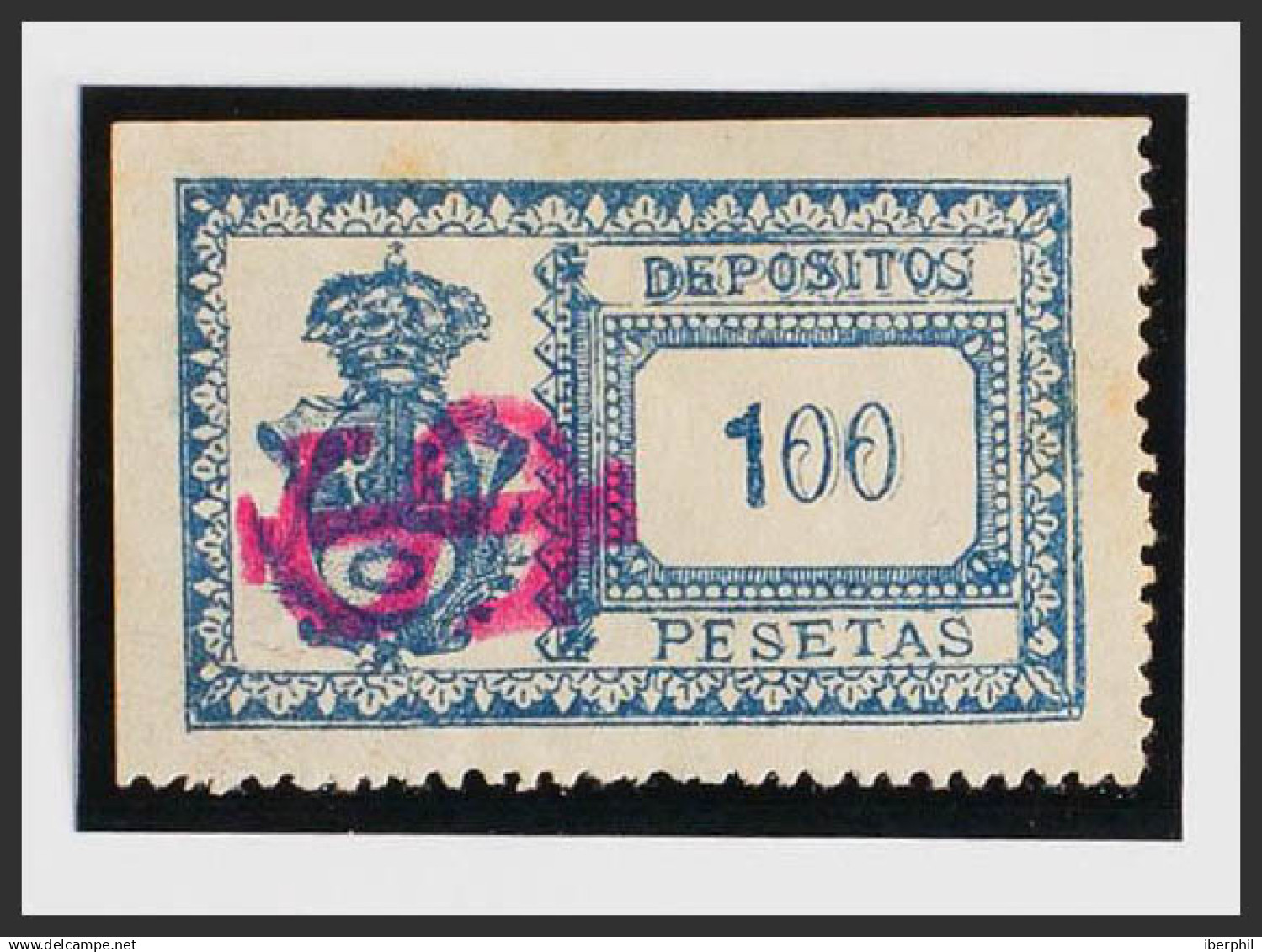 España. Fiscal. (*). 1901. MADRID. DEPOSITOS De 1901. 100 Pts Azul (sobrecarga IS, En Carmín). MAGNIFICO Y MUY RARO. (Fo - Fiscales