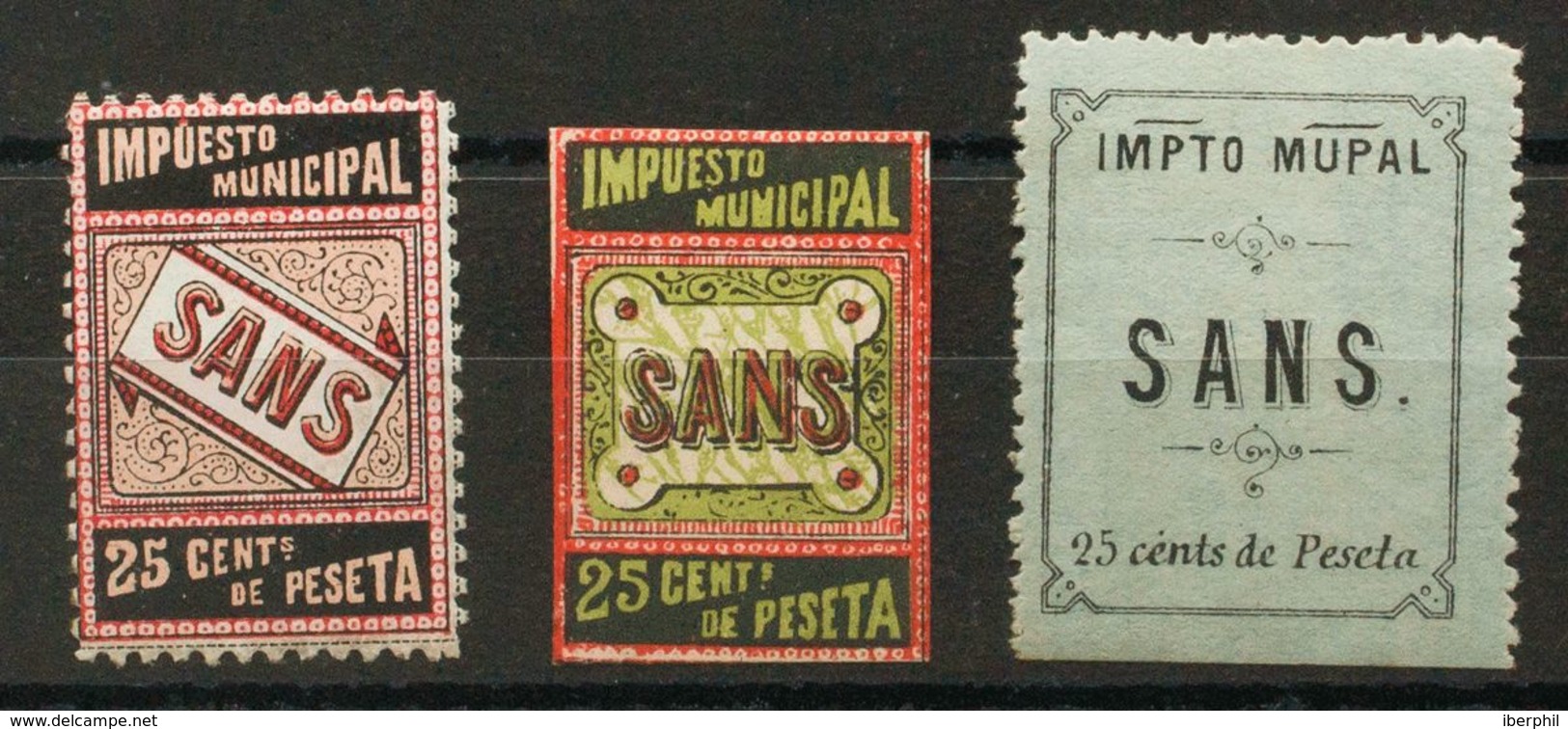 España. Fiscal. MH *. (1925ca). 25 Cts Negro, Carmín Y Castaño Claro, 25 Cts Negro, Rojo Y Verde Y 25 Cts Negro Sobre Ve - Fiscales