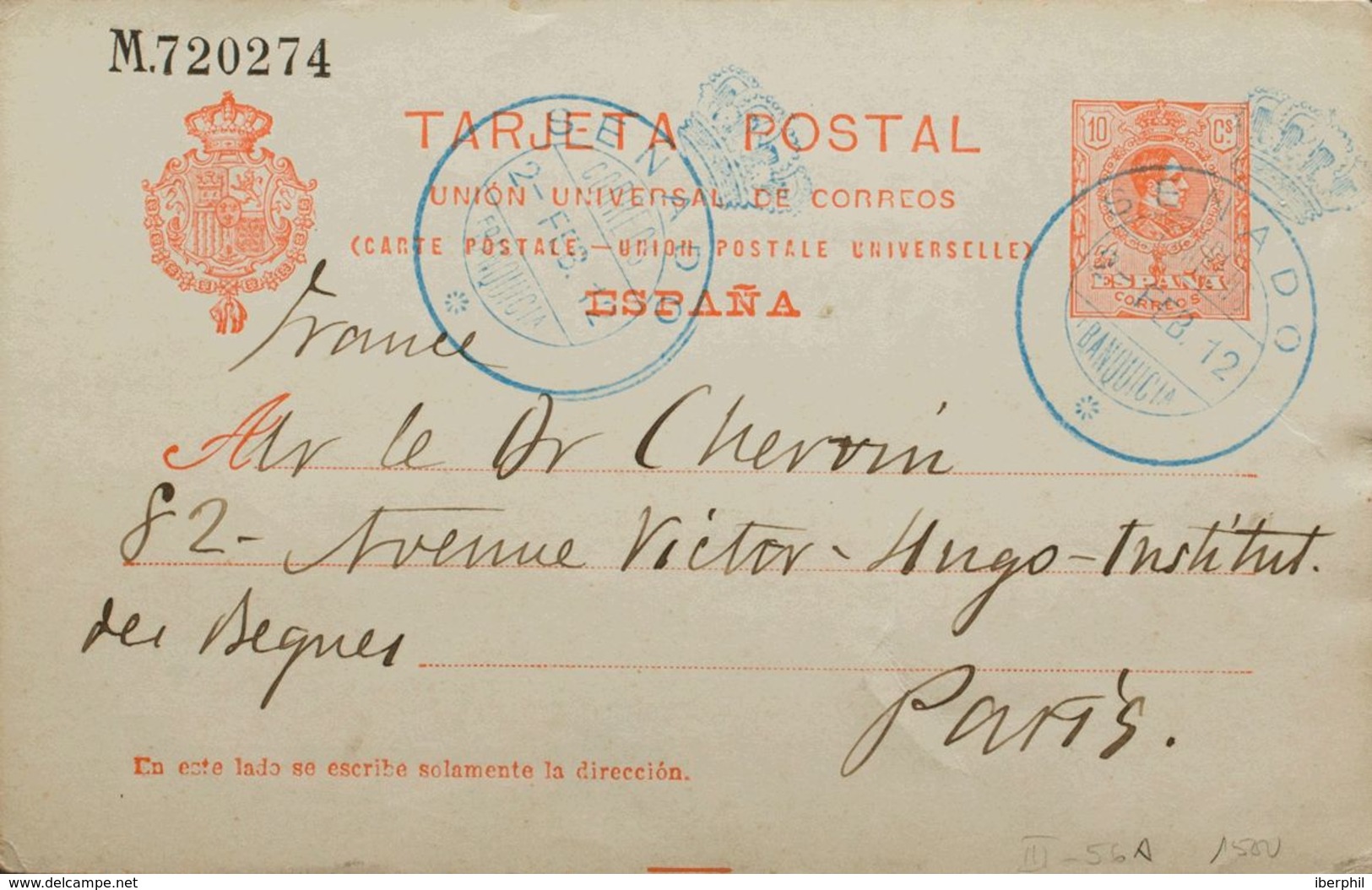 España. Franquicia. Sobre EP53. 1912. 10 Cts Rojo Sobre Tarjeta Entero Postal De MADRID A PARIS (FRANCIA). Matasello SEN - Franquicia Postal