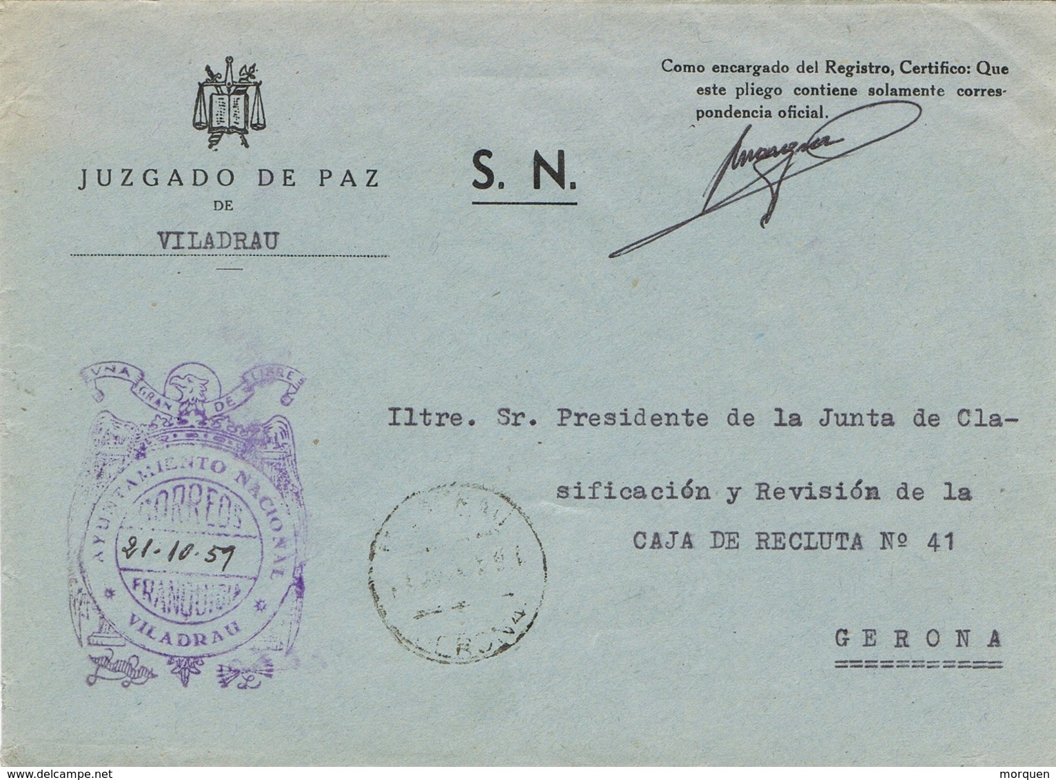 34599. Carta S.N. Franquicia Juzgado De Paz VILADRAU (Gerona) 1959. Fechador Viladrau - Cartas & Documentos