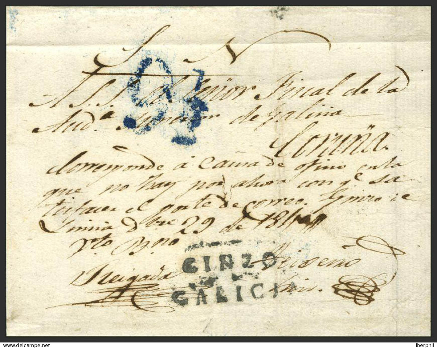 España. Galicia. Prefilatelia. Sobre . (1832ca). Plica Judicial De GINZO DE LIMIA A CORUÑA. Marca GINZO / GALICIA, En Ne - ...-1850 Prephilately