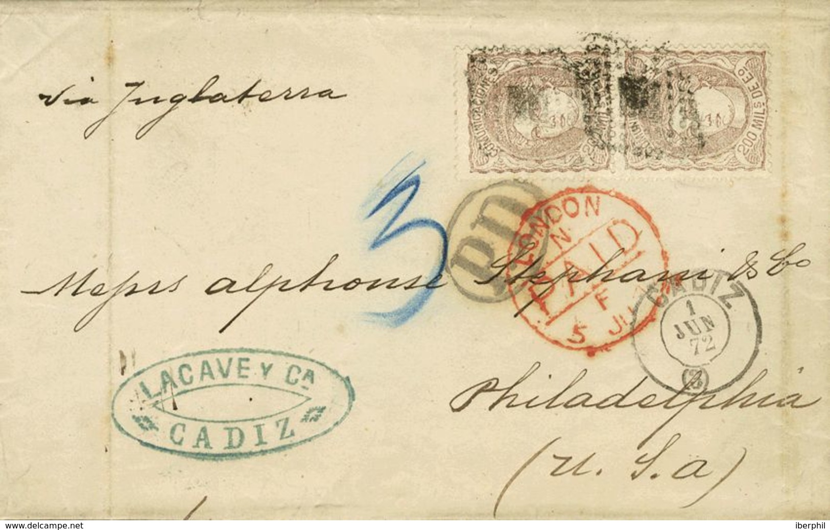 España. Gobierno Provisional. Sobre 109(2). 1872. 200 Mils Castaño, Pareja. CADIZ A USA. MAGNIFICA. - Cartas & Documentos