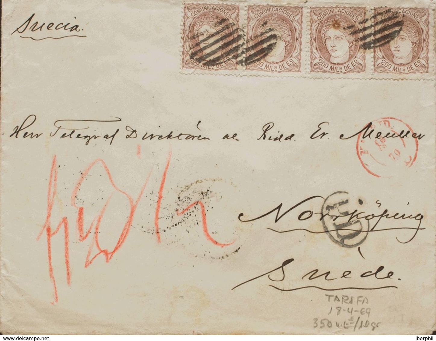 España. Gobierno Provisional. Sobre 109(4). 1870. 200 Mils Castaño, Cuatro Sellos. MADRID A NORRKOPING (SUECIA). MAGNIFI - Cartas & Documentos