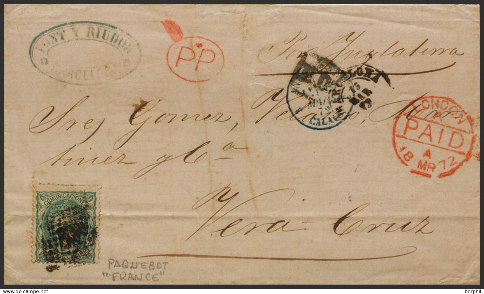 España. Gobierno Provisional. Sobre 110. 1872. 400 Mils Verde. BARCELONA A VERACRUZ (MEXICO), Circulada Vía Inglaterra. - Cartas & Documentos